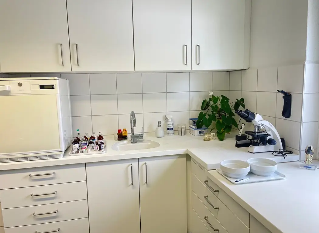 Weißer Behandlungsraum mit Spüle, Mikroskop, Pflanzen und verschiedenen Fläschchen auf der Arbeitsfläche